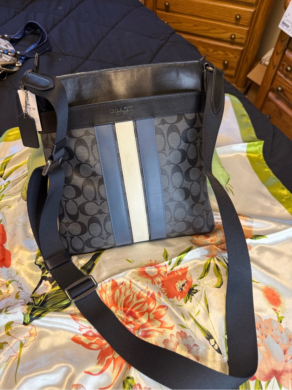 Coach Charles Messenger Bag – Signature  Navy/Denim/Black Varsity Stripe – NWT